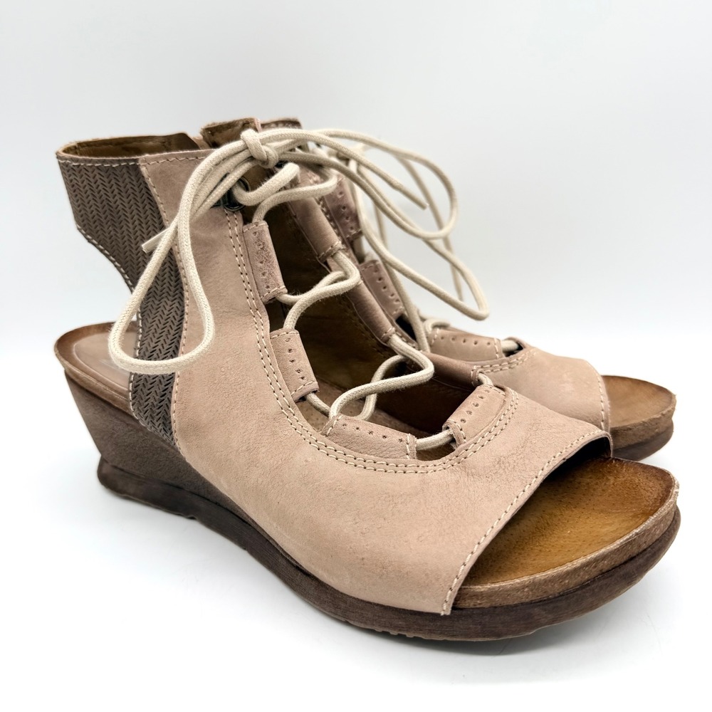 Miz Mooz Satine Lace Up Gladiator Wedge Sandal Taupe Rose Blush Size 38 Bohemian